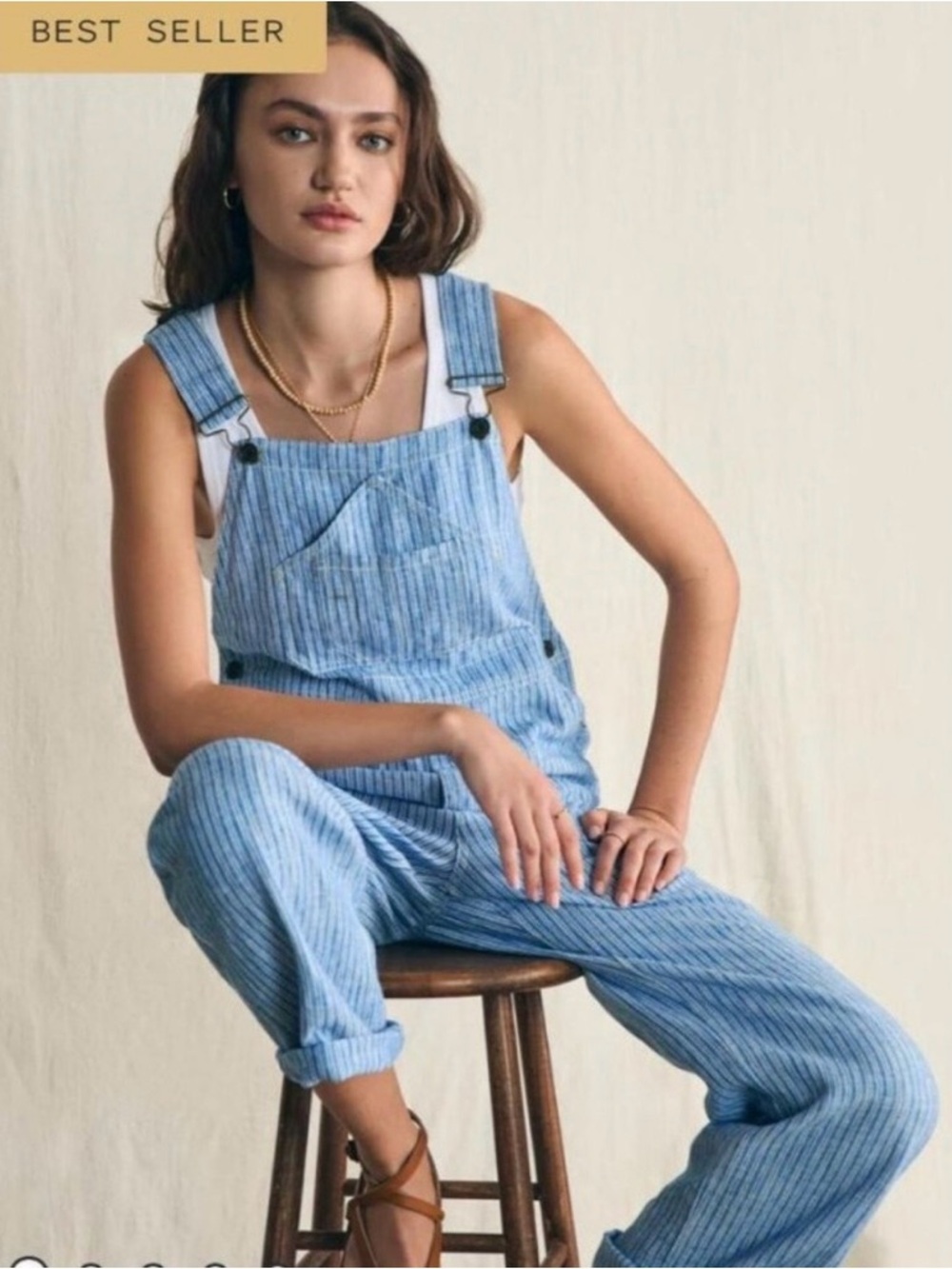 Faherty Light Blue Striped Women’s Overalls - Picture 4 of 8